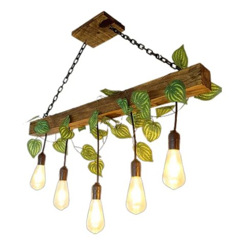 Lustre de Madeira Rústico com Corrente e Folhagem – Luminária Pendente Bivolt 5 Lâmpadas