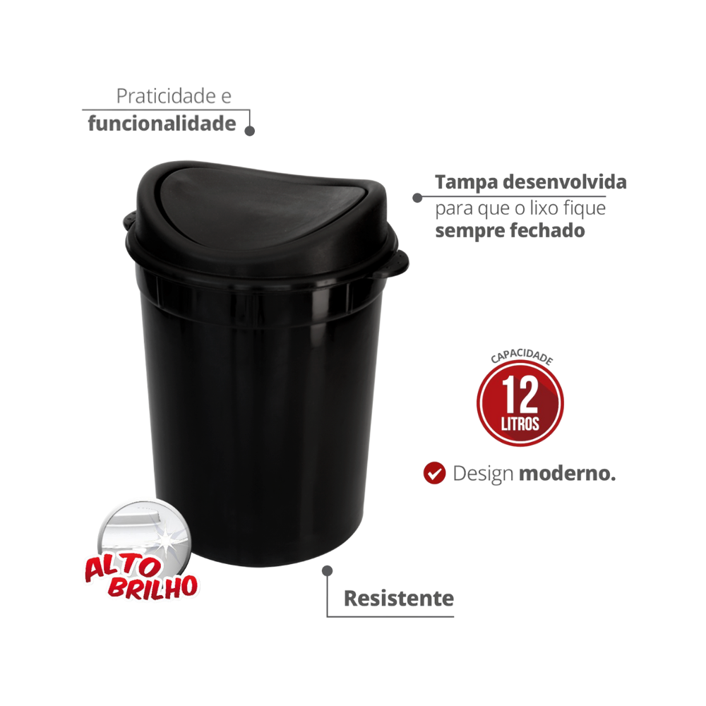 Lixeira Redonda Multiuso Basculante Capacidade 12 Litros Cor Preto Durín - 2