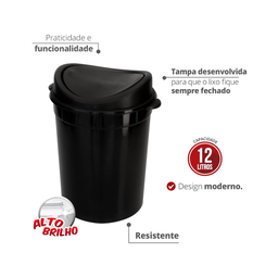 Lixeira Redonda Multiuso Basculante Capacidade 12 Litros Cor Preto Durín - 2