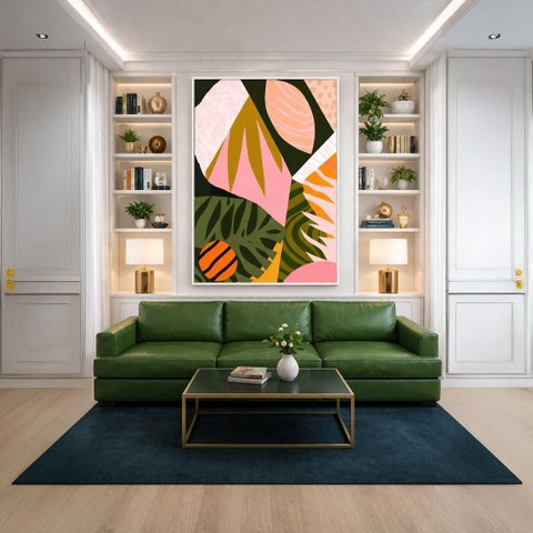 Quadro Canvas Abstrato Folhas Botânicas 90x60cm Mold Preta