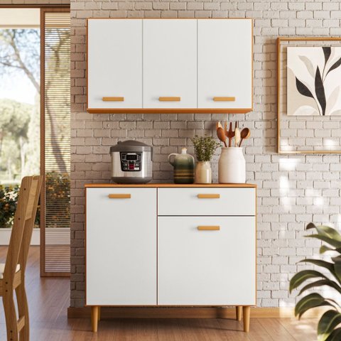 Kit Cozinha Compacta Ester 5 Portas 1 Gaveta com Tampo - Freijó/off