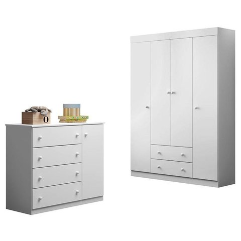 Jogo de Quarto Infantil Helena com Guarda Roupa e Cômoda Branco - Phoenix Baby