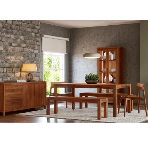 Conjunto Sala Jantar Nature: Cristaleira, Buffet, Mesa, Banco e Cadeiras Rústico Escuro Madeira Pinu