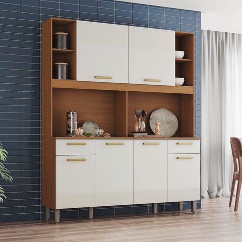 Kit Cozinha Compacta 06 Portas 02 Gavetas com Painel Fundo e Nichos Decorativos Cinamomo/Off White Melinda Bege