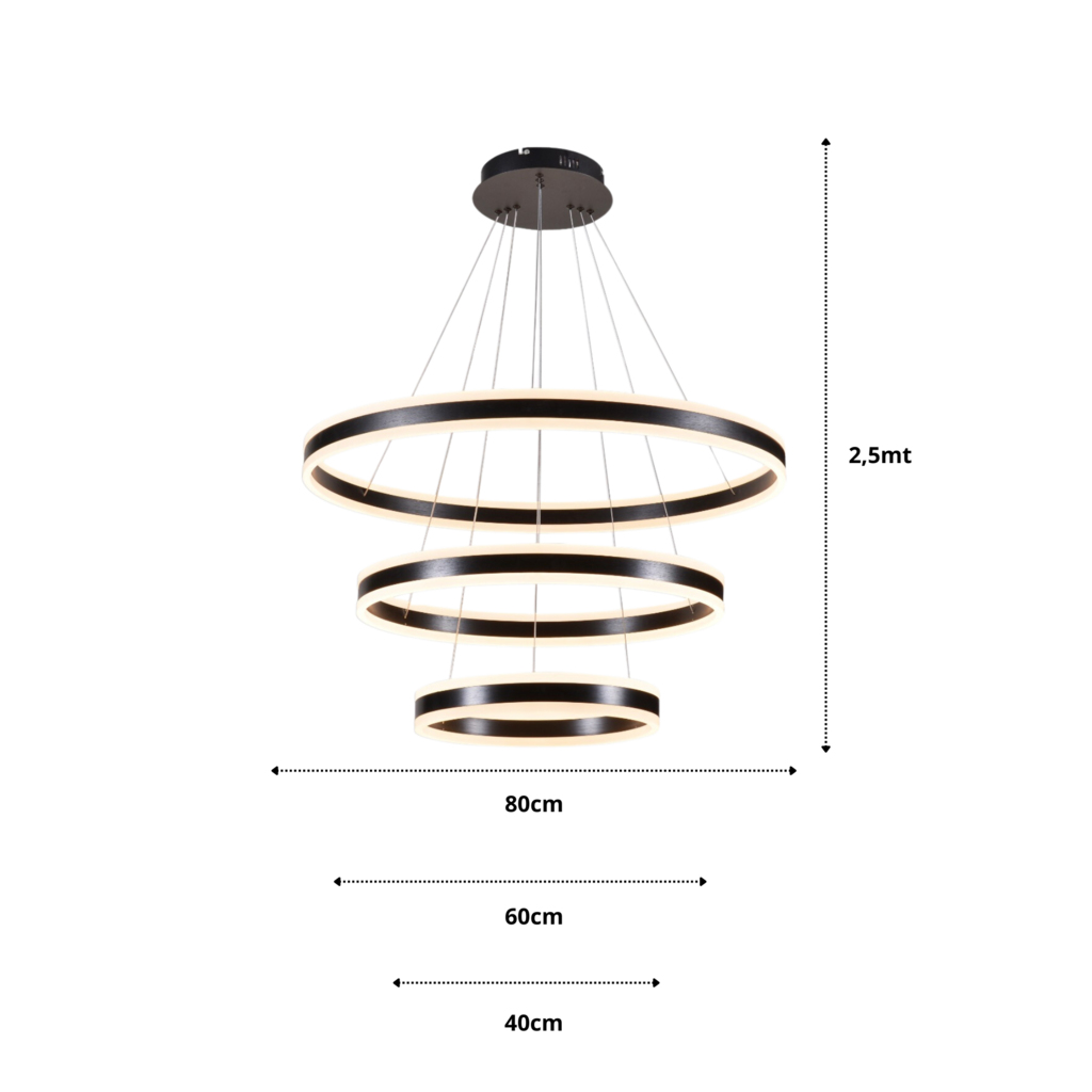 Lustre Pendente Φ40×φ60×φ80cm 226w 3000k 22600lm Bivolt Metal Escovado Preto+acrilico Cabo: 4mt - 4