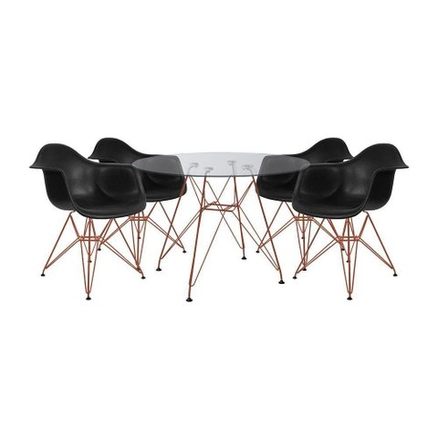 Conjunto Jantar Mesa Redonda Vidro 90cm com 4 Poltronas Pretas Ferro Cobre Cor: Preto