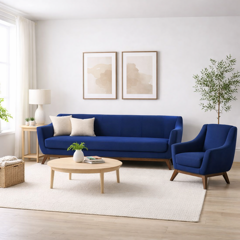 Conjunto Milano Sofá 3 Lugares e Poltrona em Veludo Azul - Larbelle