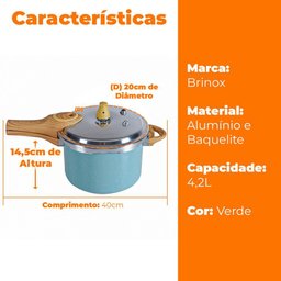 Panela de Pressão Antiaderente Brinox 4,2l Indução Ceramic Life Verde Botanika 4952/108 - 5