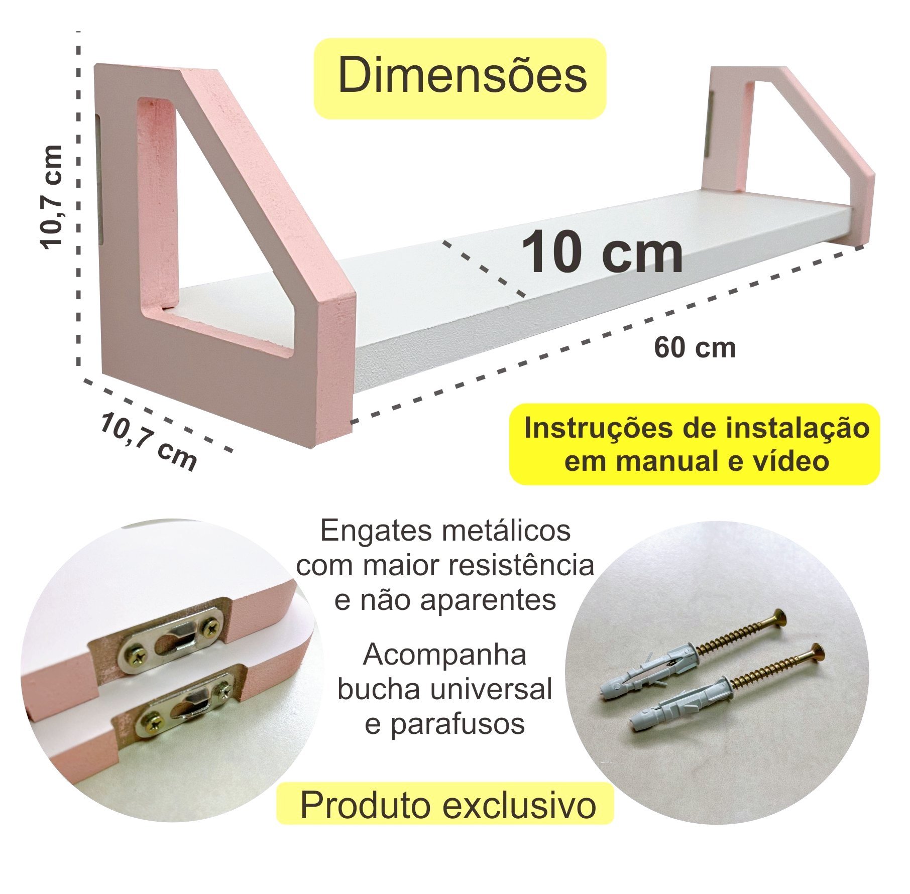 1 Prateleira Geométrica Rosa 60cm e 1 Cabideiro Infantil:nuvem - 4