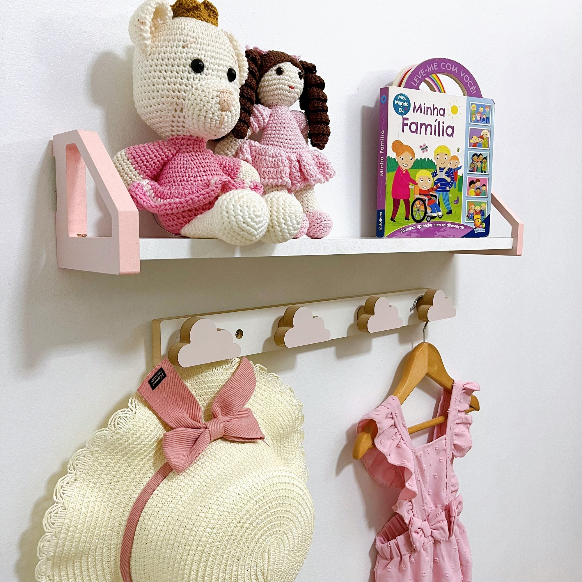 1 Prateleira Geométrica Rosa 60cm e 1 Cabideiro Infantil:nuvem - 2