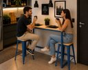 Ver imagem 3 de Mesa Jantar Aparador Bancada Alta Industrial 110x80cm Tampo Bege Pés Azul