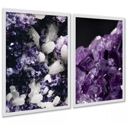 Kit 2 Quadros Decorativos Pedras - Cristais 24x18cm - com Vidro:moldura Branca - 1