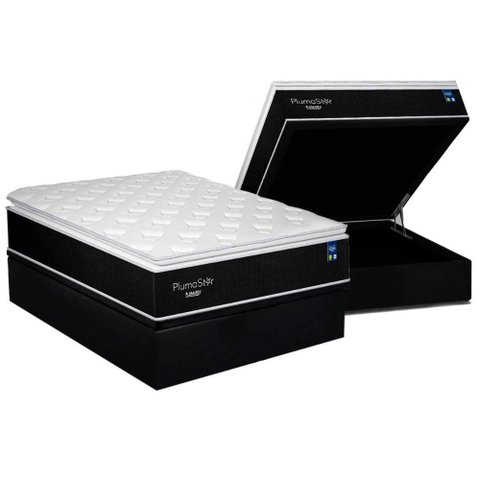 Cama Box Baú Casal: Colchão Molas Bonnel Plumatex Ensacadas Plumastar + Base Crc Suede Black (