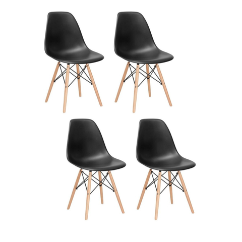 Kit 4 Cadeiras Pé Palito, Eiffel Charles Eames Pretas – Base de Madeira Clara – Sala de Jantar, Cozi
