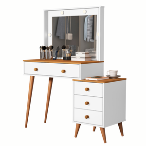 Penteadeira Escrivaninha Mesa Gaveteiro Mdf Led Camarim Nova:branco com Nature