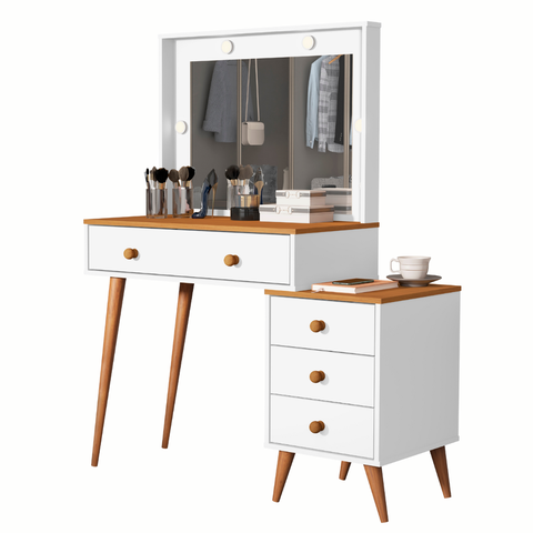 Penteadeira Escrivaninha Mesa Gaveteiro Mdf Led Camarim Nova:branco com Nature