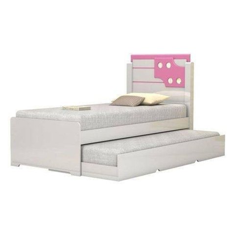 Cama De Solteiro Bibox Luiza Branco C/ Rosa C/Auxiliar