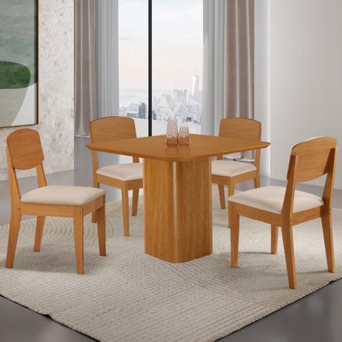 Conjunto Mesa de Jantar 90cm com 4 Cadeiras 100% MDF Multimóveis Crrft-CON053 Madeirado/Creme