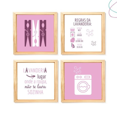 Kit com 4 Quadros Decorativos Lavanderia Moldura e Vidro:pinus