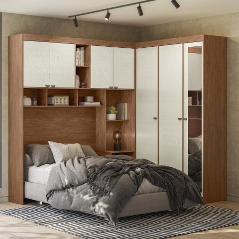 Guarda Roupa Casal Modulado 140cm com Espelho Vincenzo Jatobá/Areia S01 - Mpozenato