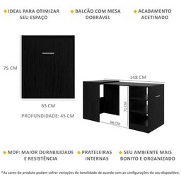 Armário Lavanderia / Mesa Dobrável Ibiza Multimóveis Preto - 3