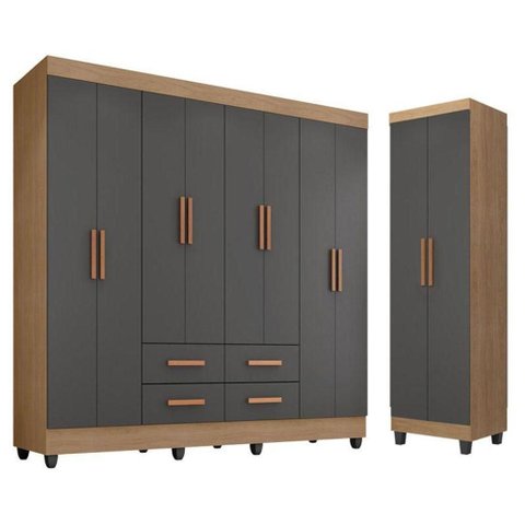 Guarda Roupa Casal Porto 8 Portas e Armário Multiuso Lite Nature Cinza - Móveis Leão