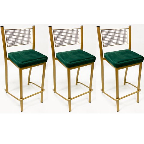 Conjunto 3 peças Banqueta Empilhável Alta para Bar cor Dourado Fosco assento veludo verde