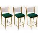 Ver imagem 1 de Conjunto 3 peças Banqueta Empilhável Alta para Bar cor Dourado Fosco assento veludo verde