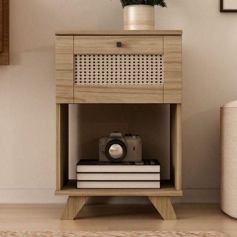 Mesa de Cabeceira para Quarto 43cm 1 Gaveta 3D Tessaro A05 Carvalho - Lyam Decor