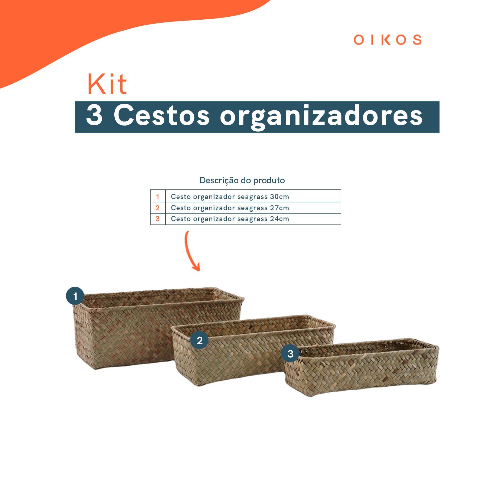 Kit 3 cestos organizadores multiuso decorativo seagrass - Oikos - 2