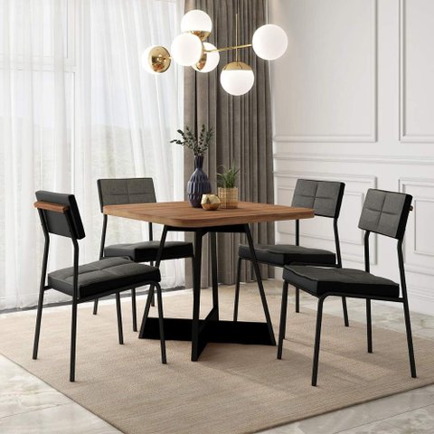 Conjunto Mesa de Jantar 90cm + 4 Cadeiras Estofadas Linho Np