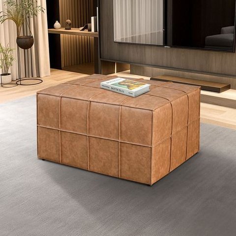 Puff Itália Retangular com Costura Trançada Courino Marrom Bz Home Decor