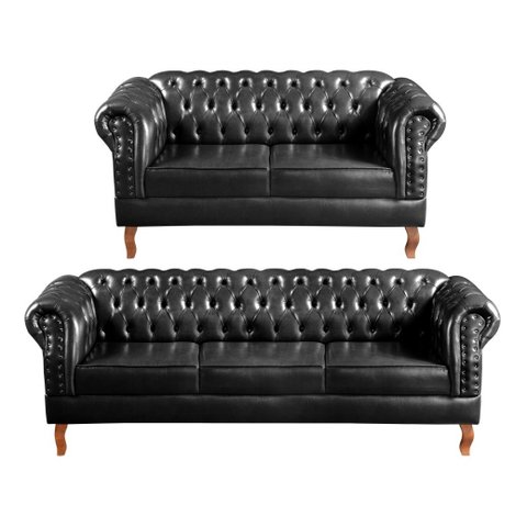 Conjunto Sofá Dom Pedro 2 e 3 Lugares Chesterfield Capitonê - Couríssimo Preto