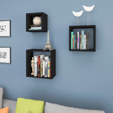 Kit 3 Nichos Prateleiras Decorativos Quadrado 30 Cm Sala Quarto Escritório Mdp Preto - Clicklar
