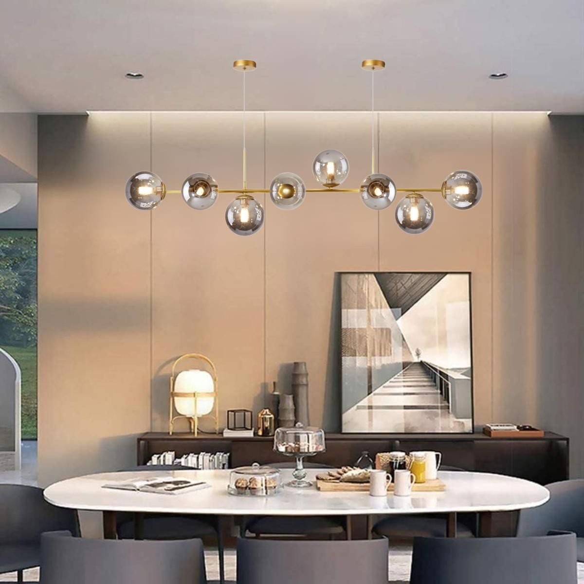 Ver imagem 2 de Luminária Lustre 8 Globos 128cm X 118cm Jabuticaba Pendente Teto Gimpo Kjdd-e-544-gold-smoky-8