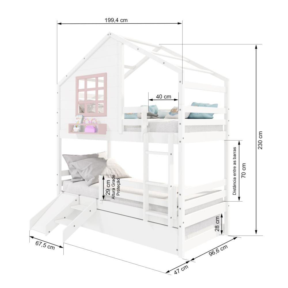 Treliche Casinha com Janela com Escada/ Escorregador e Grade de Proteção Madeira Maciça Branco/ - 3