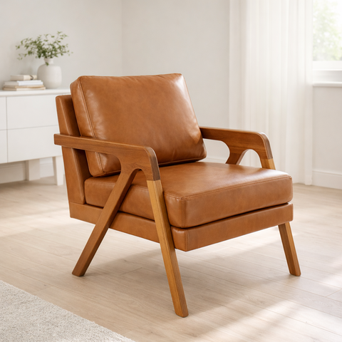 Poltrona Mona Luxo Madeira Maciça Corino Caramelo para Sala de Estar Decorativa Moderna