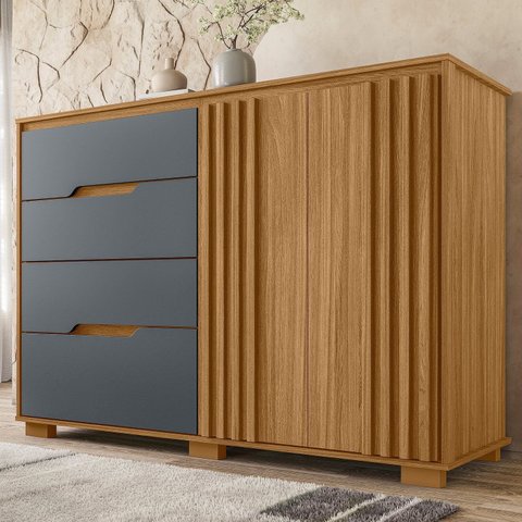 Cômoda para Quarto 4 Gavetas 2 Portas 147cm Texas Marrom/Freijó/Cinza