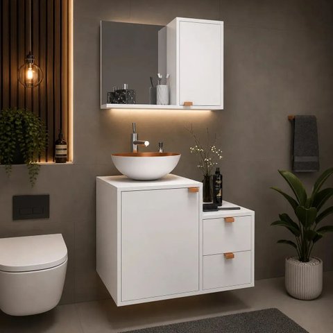 Kit Banheiro Industrial Completo Cuba Armário Espelho - Branco