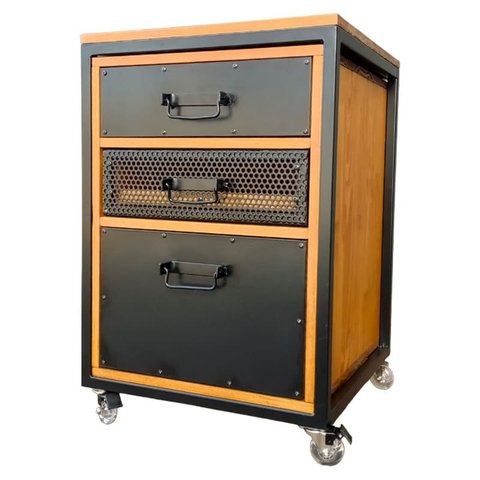 Gaveteiro Office Estilo Industrial com 3 Gavetas e 4 Rodízios - Ferro em Preto e Madeira Tom Castanh