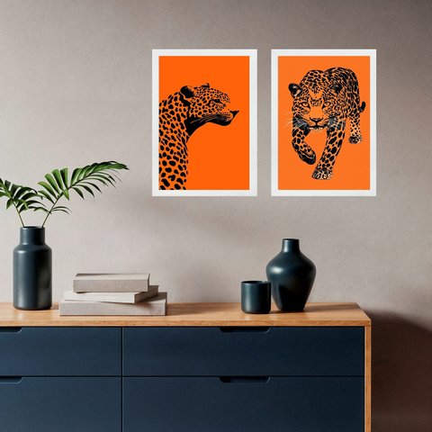 Kit 2 Quadros Decorativos Leopardo Laranja 33x24cm:moldura Branca