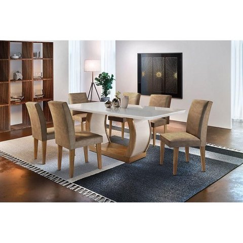 Conjunto: Mesa de Cozinha Jade Tampo Madeirado c/ Vidro Canto Curvo 180x90cm e 6 Cadeiras Grécia