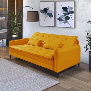 Sofá Cama Reclinável Yara Casal 2,08m Pés de Ferro Suede Amarelo Império Estofados