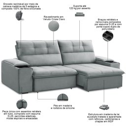 Sofá Retrátil Reclinável para Sala 3 Lugares 230cm Zayn F04 Veludo Cinza Claro - Lyam Decor - 4 Sofá Retrátil Reclinável para Sala 3 Lugares 230cm Zayn F04 Veludo Cinza Claro - Lyam Decor - 4