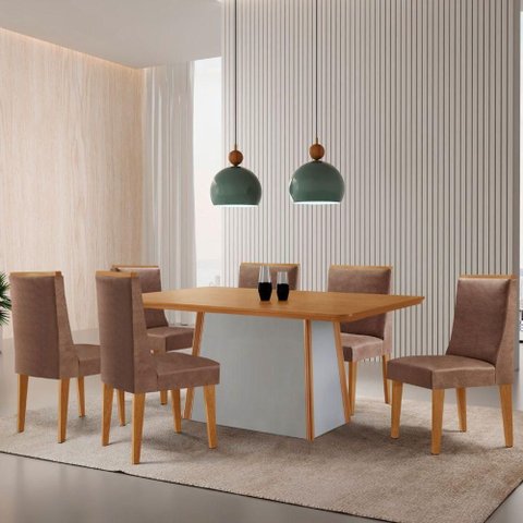 Mesa de Jantar Diane 180cm Tampo MDF Lam 6 Cadeiras Lisboa Moderna Tork Naturale Off White