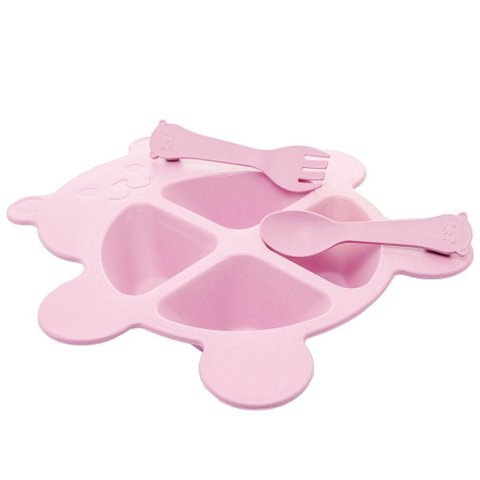 Conjunto 3 Peças Prato Infantl com Divisórias Colher e Garfo em Bambu Rosa Bear Urso Lyor