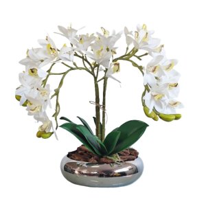 Arranjo No Vaso Prata Cascata de 4 Flores Orquídeas Brancas