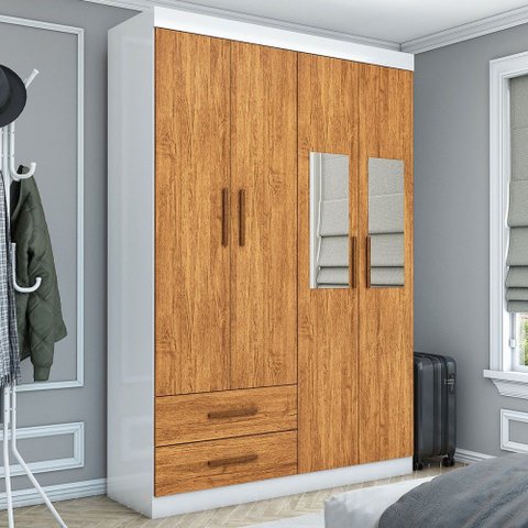 Guarda-roupa Solteiro Solo 4 Portas 2 Gavetas com Espelho Branco/cinamomo - Pnr Móveis