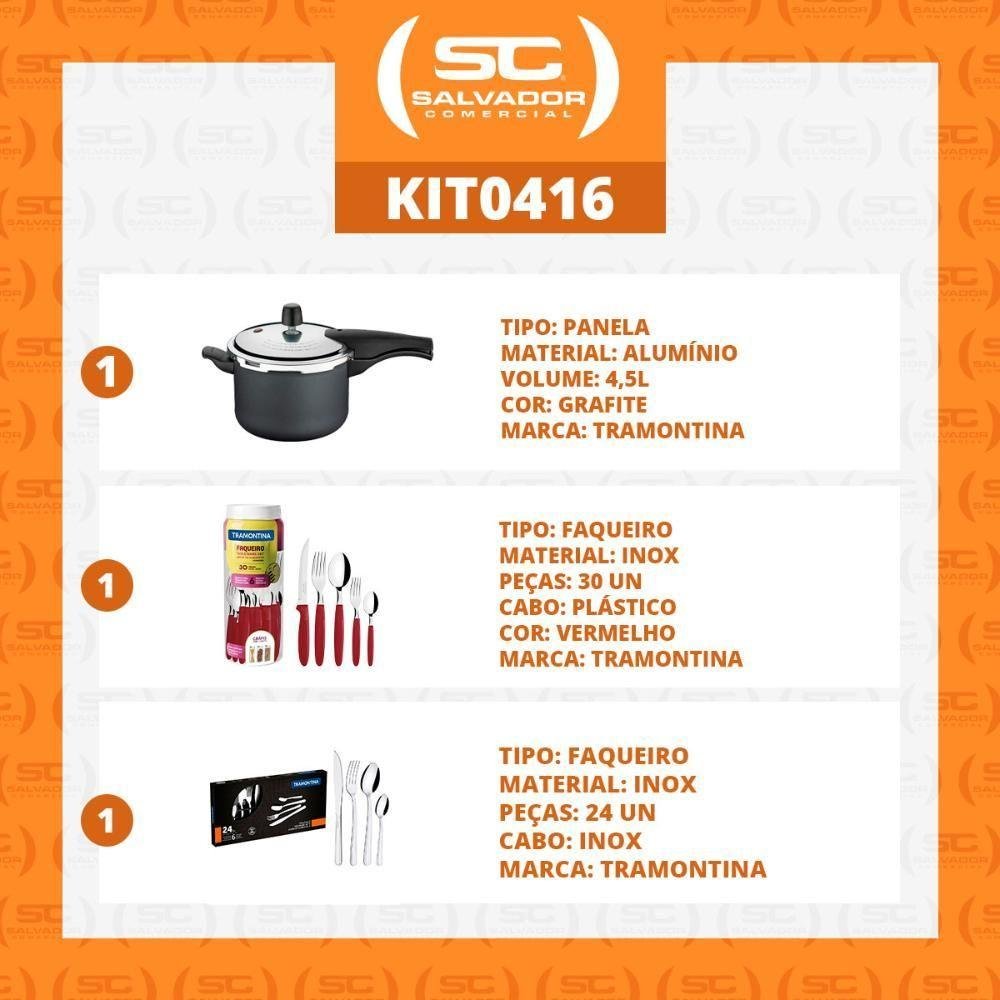 Kit - Panela de Pressão 4,5 Grafite + 1 Faqueiro Vermelho 30pç + 1 Faqueiro Inox 24pç - - 2