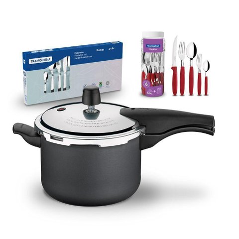 Kit - Panela de Pressão 4,5 Grafite + 1 Faqueiro Vermelho 30pç + 1 Faqueiro Inox 24pç -
